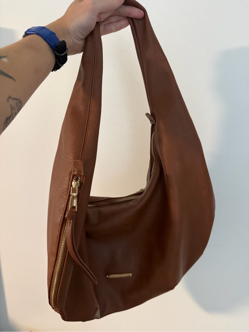 Poppy & Peonies Brown Leather Shoulder Hobo Bag with Gold Hardware